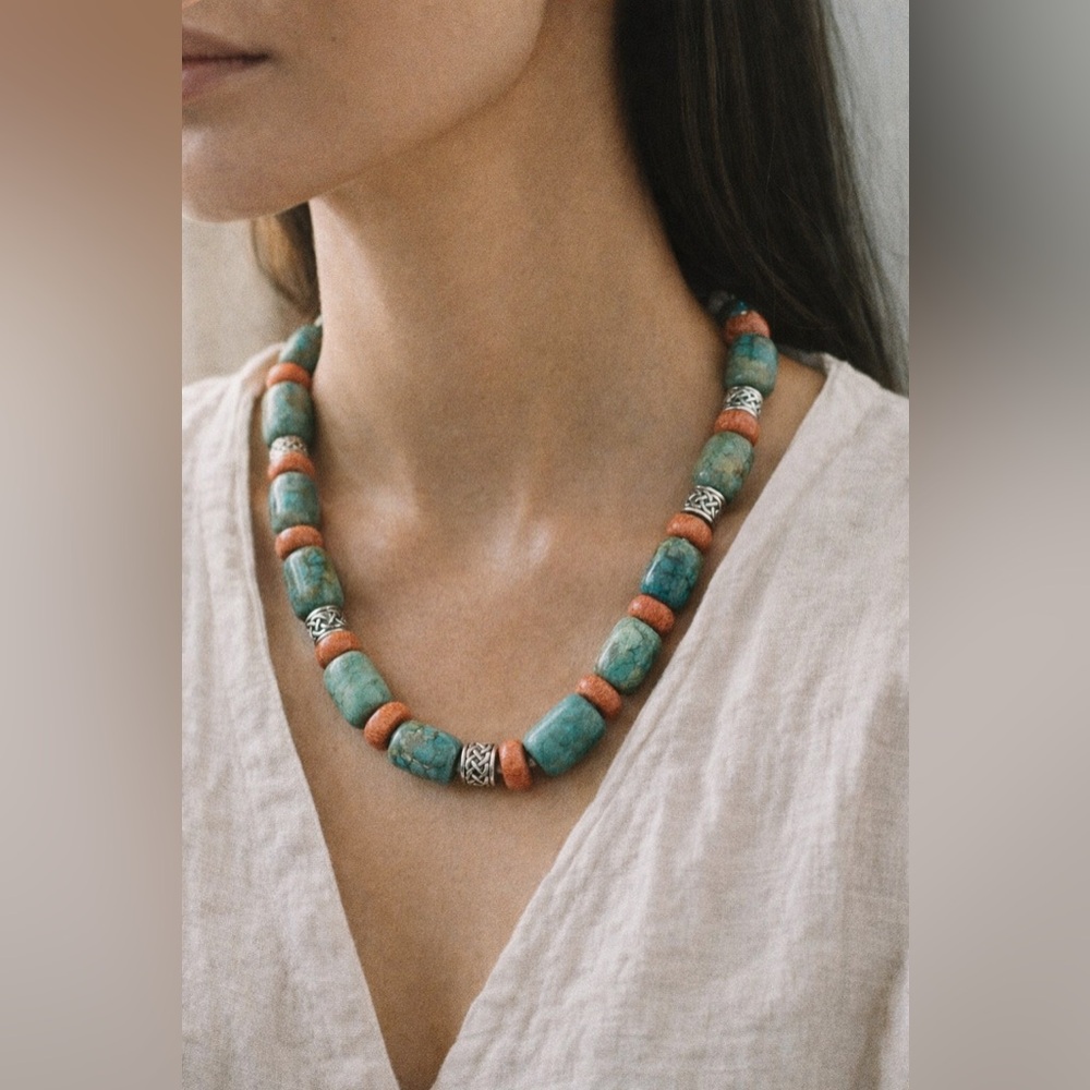 Studio Barse 925 Turquoise & Coral Statement Necklace | Celtic Knotwork | Signed - Picture 4 of 7